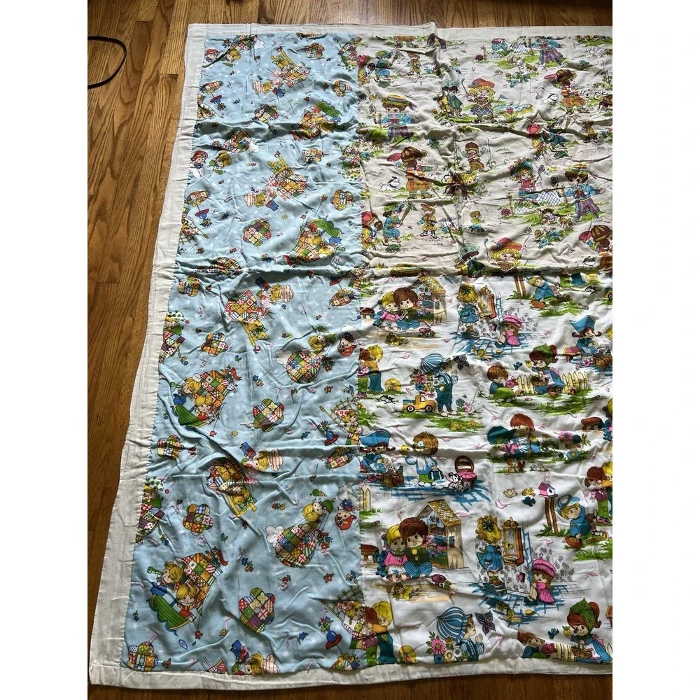 Vintage Handmade Children's Quilt Blanket Storybook Print Crib Toddler 44x58